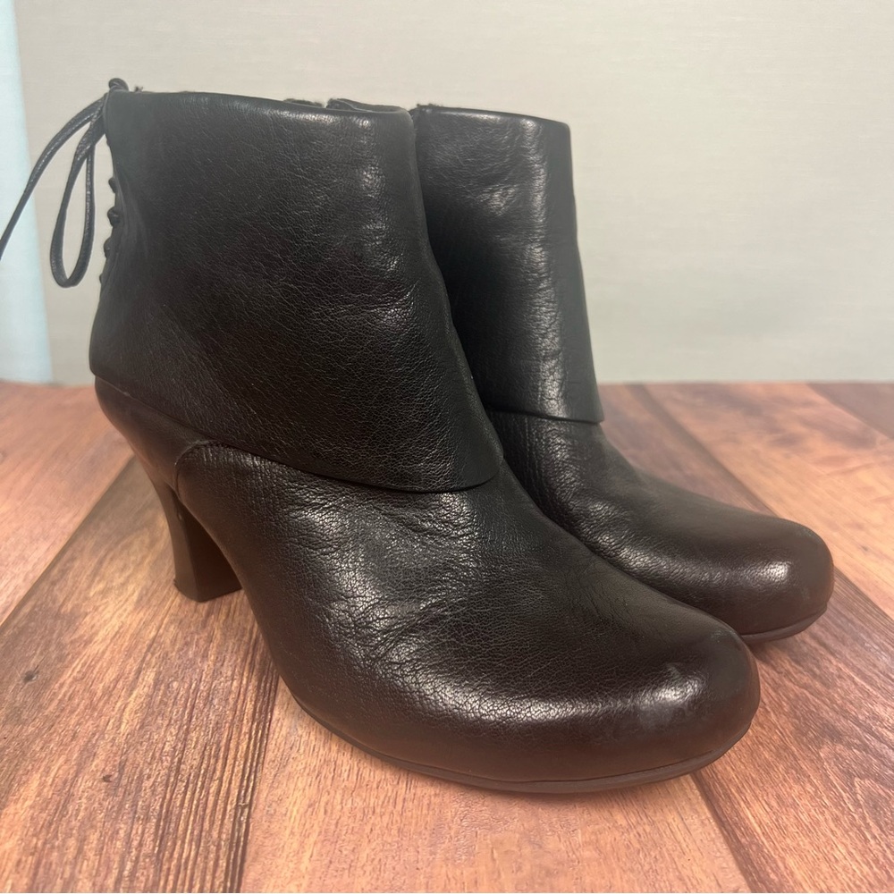 Born Crown Black Leather High Heel Leather Fold Over Moto Ankle Boots Lace Up